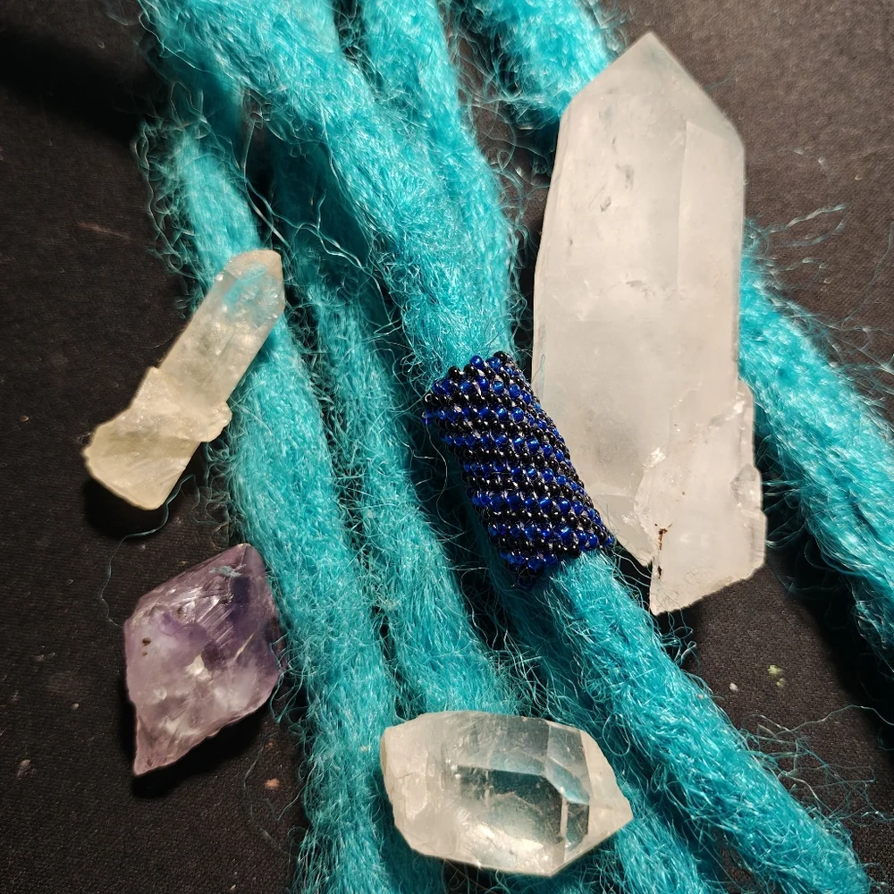 Dreadlock Bead Handmade Black & Blue Spiral Seed Bead Hair Jewelry Peyote Charm
